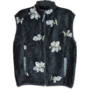 Nanuk Fleece Vest Womens Small Black Floral Canadian Polar Bear Pockets Outdoor